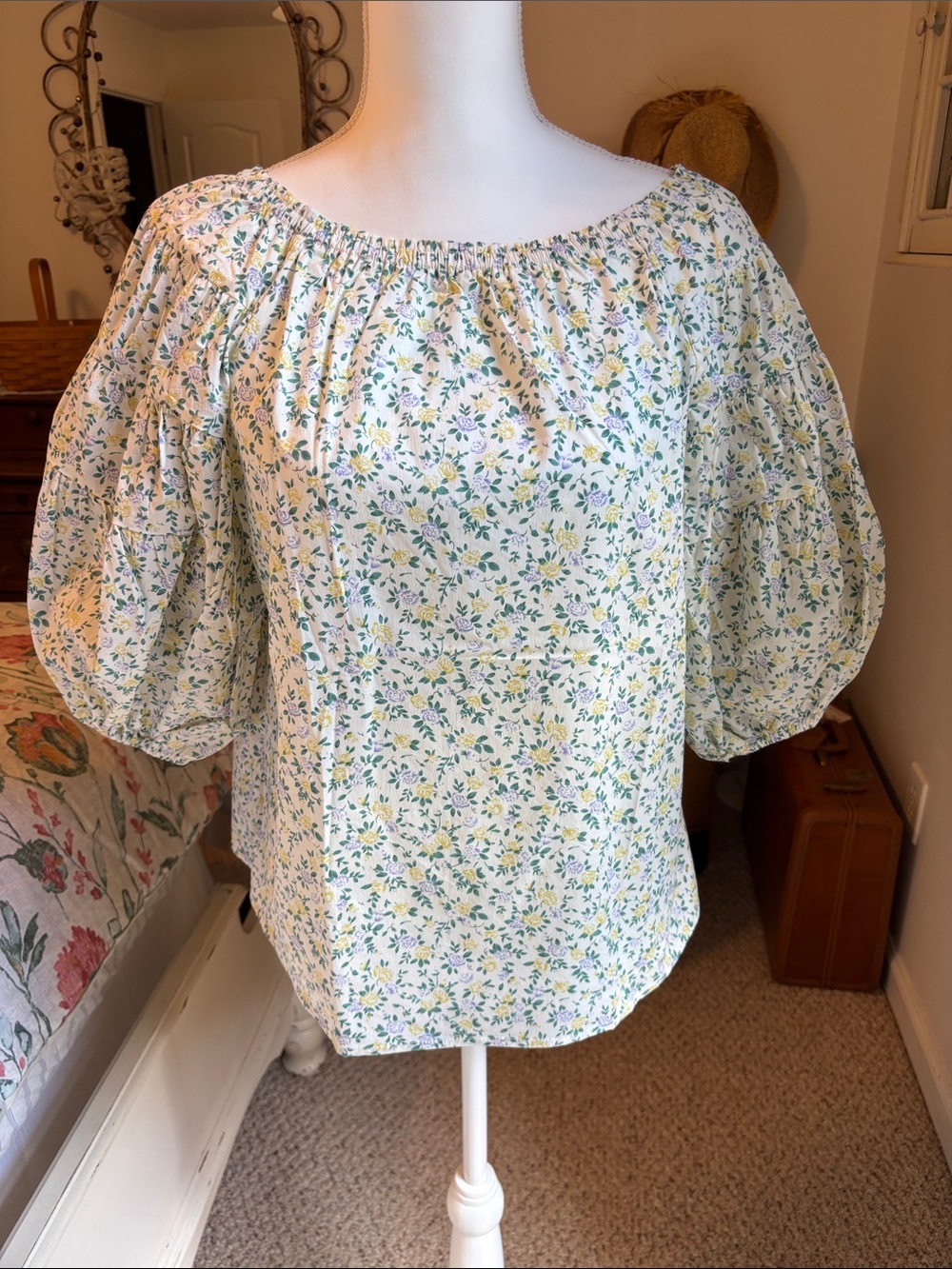 Women's Floral Puff-Sleeve Blouse - White with Yellow & Green